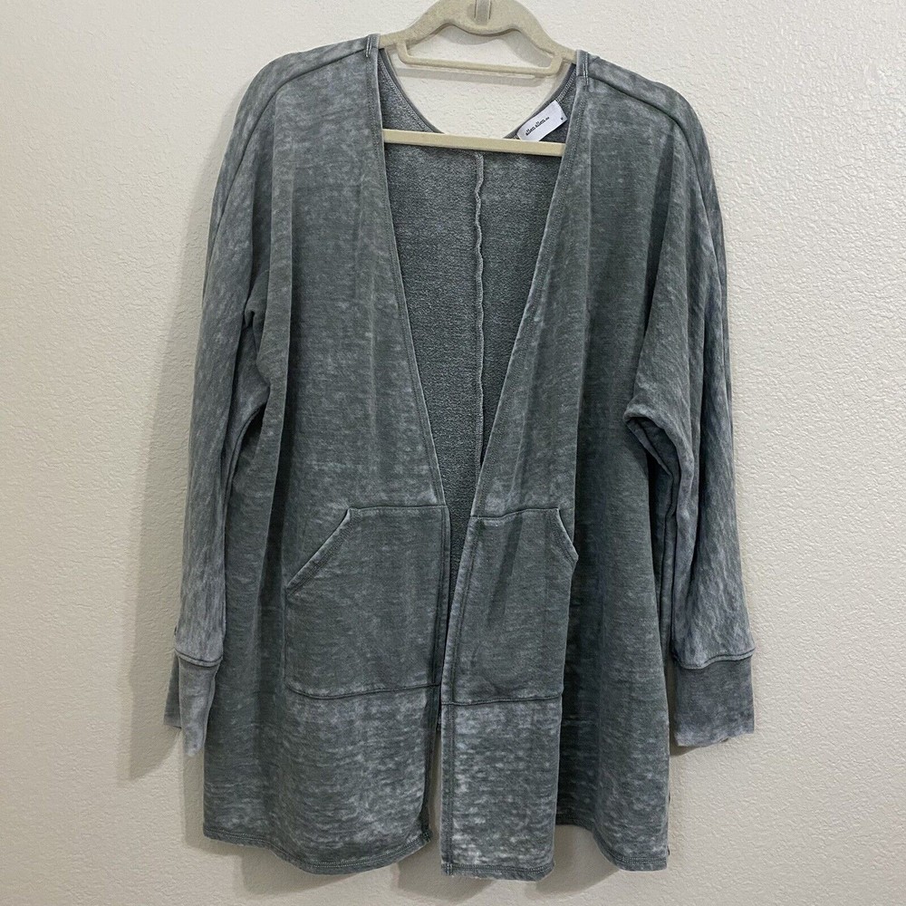 Allen Allen Usan Womens Cardigan Size M Green Open Front Pockets YF11635